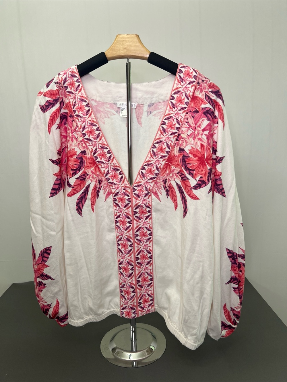 VENUS White V-Neck Peasant Top with Pink Floral Embroidery